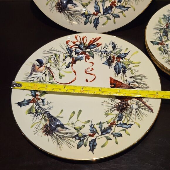 Set 6 Lenox Winter Greetings Cardinal + Ribbon 8" Salad Plates Gold Rim Holly - Picture 6 of 9
